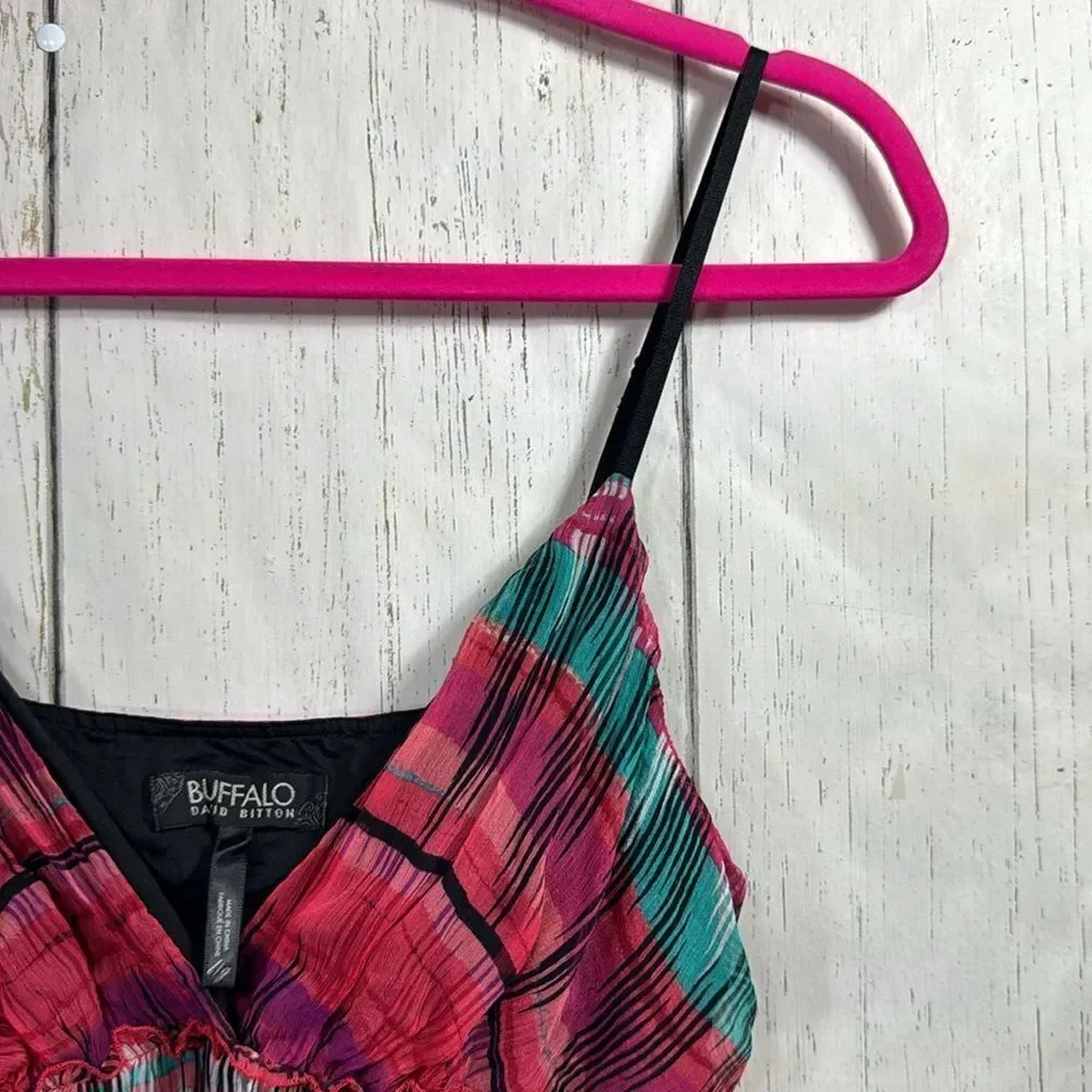 Buffalo David Britton Women 100% Silk Tank Top Ruffle Plaid Tiered Fairy Boho - Picture 4 of 16